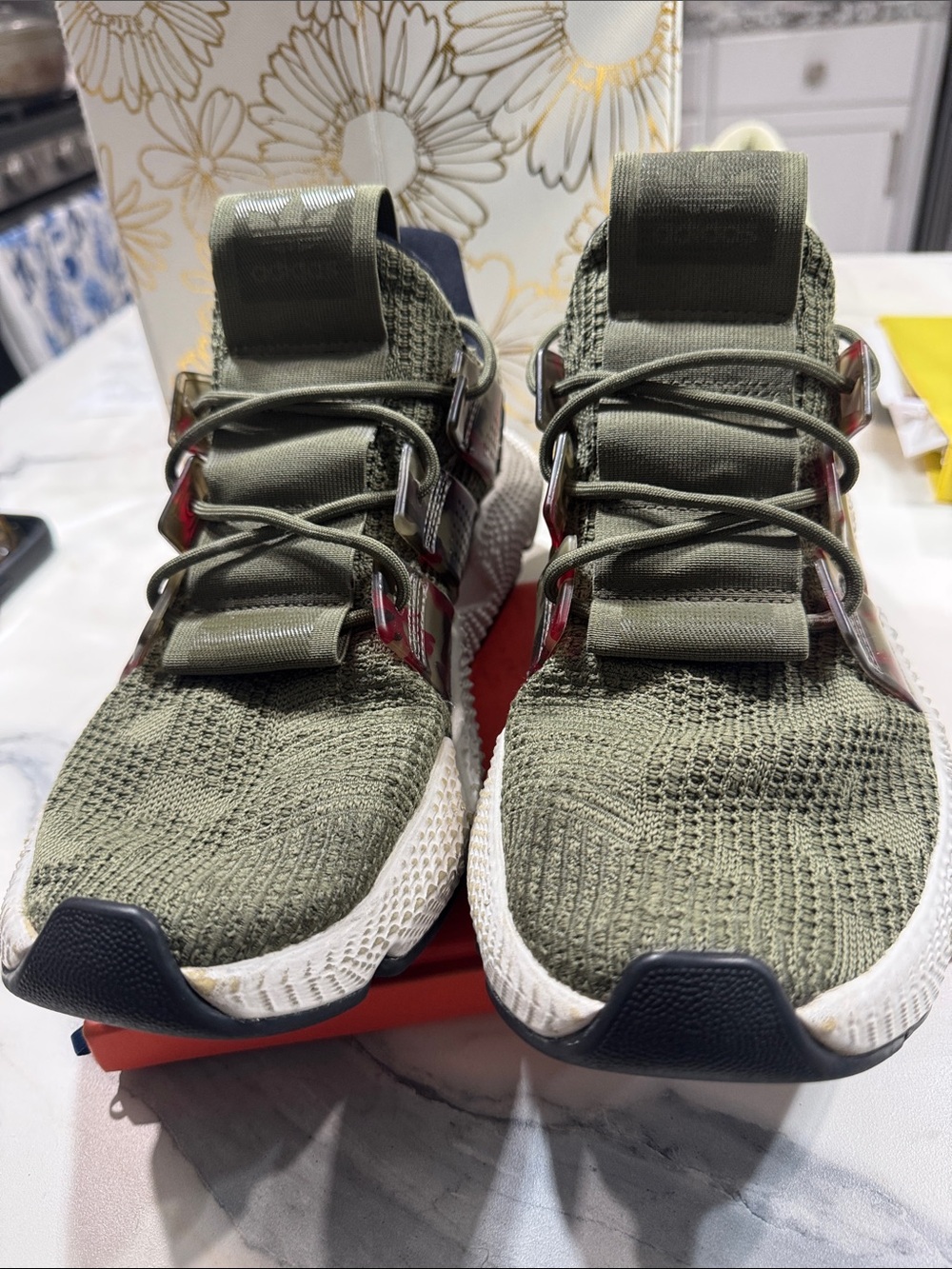 Olive Green Knit Athletic Sneakers with White Sole